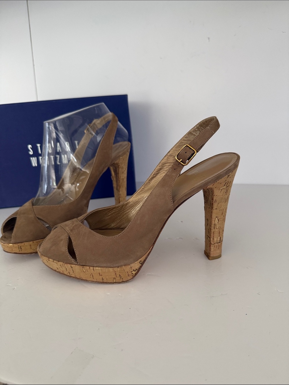 Stuart Weitzman Taupe Suede Cork Platform Slingback Heels